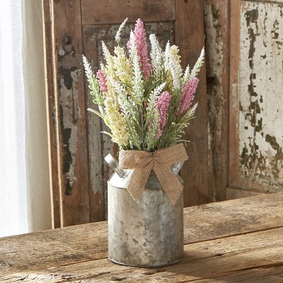 Lakeside Galvanized Metal Country Milk Can with Faux Floral Arrangement and Burlap Bow