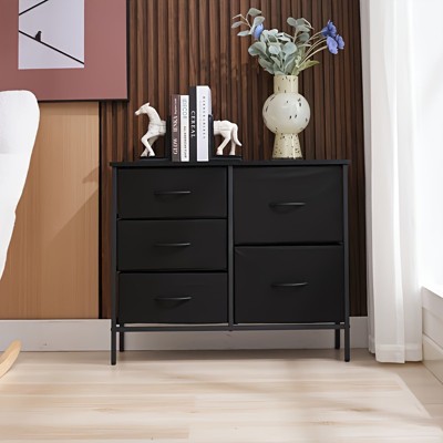DOMETOUR 32" Wide Wood-Topped Storage Cabinet with Five Fabric Drawers, Black