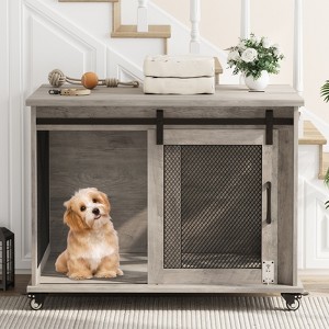 37" Farmhouse Dog Crate Furniture with Sliding Barn Door, Flip-Top Wooden Kennel End Table, Movable Divider & Wheels for Easy Mobility - 1 of 4