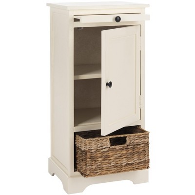 Distressed Cream Pine Wood Tall Accent Cabinet