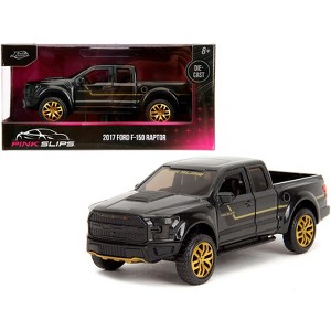 2017 Ford F-150 Raptor Pickup Truck Black Metallic with Gold Stripes "Pink Slips" Series 1/32 Diecast Model Car by Jada - 1 of 4