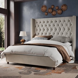 Bed Frame with 61.4" Headboard,Velvet Tufted and Handmade Pleat Deep Button - 1 of 4