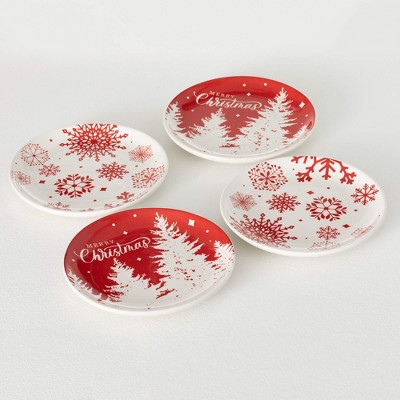 8" Sullivans Red Snowflake and Christmas Tree Snack Plate - Set of 4