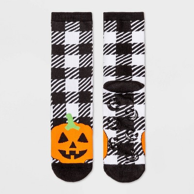 Women's Buffalo Plaid Pumpkin Halloween Terry Lined Crew Socks with Grippers - Hyde & EEK! Boutique™ Black/Orange 4-10