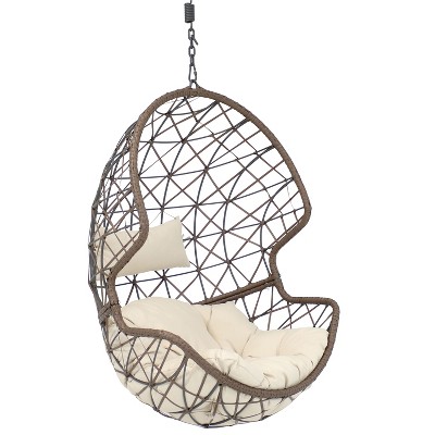 Sunnydaze Outdoor Resin Wicker Patio Danielle Hanging Basket Egg Chair Swing with Cushion and Headrest - Beige - 2pc