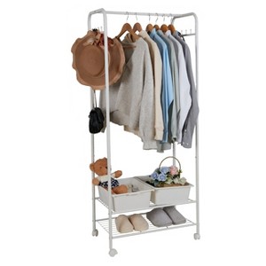 Artloge 2 Tier Large White Garment Coat Rack Mobile Thickened Iron Wardrobe Shelves with Wheels & 8 Hook for for Bedroom Living Room Condos Storage - 1 of 4