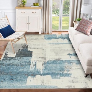 Acekool 9x12 Modern Abstract Area Rug, Machine Washable Low Pile, Non-Slip Stain Resistant Carpet for Living Room, Bedroom, Office, Beige Blue - 1 of 4