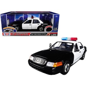 2001 Ford Crown Victoria Police Car Black & White w/ Flashing Light Bar, Front & Rear Lights & Sound 1/18 by Motormax - 1 of 3
