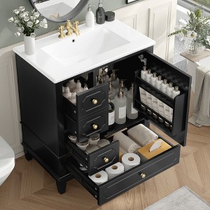 JUJABU 30" Freestanding Bathroom Vanity with Ceramic Basin, Soft-Close Door, 3 Drawers & Storage Shelves - 1 of 4