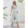 Maternity Dress for Women Summer Off Shoulder Floral Short Sleeve Midi Maternity Dress Ruffled Dress with Thigh Slit - 2 of 4