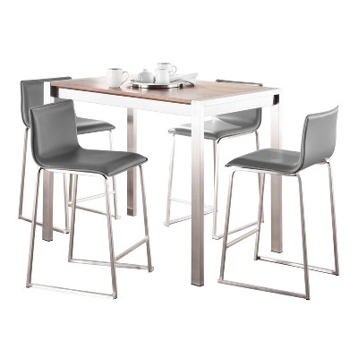 LumiSource 5pc Fuji Mara Counter Height Dining Set Stainless Steel Walnut