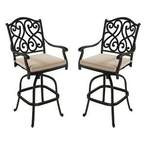 CLIHOME Cast Aluminum Patio Vintage Carved Backrest High Bar Chair with Sofa Cushions(Set of 2) - 1 of 4