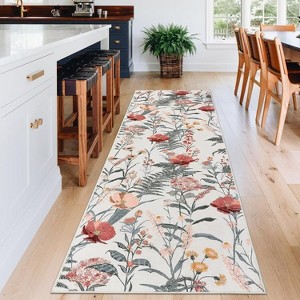 Washable Modern Floral Rug Non Slip Low Pile Rug Soft Throw Floor Cover Foldable Indoor Carpet for Living Room Bedroom Playroom Nursery - 1 of 4