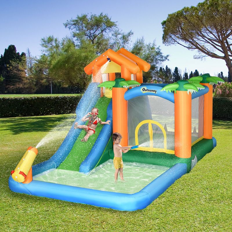 Outsunny 6-in-1 Tropical Inflatable Water Slide Jumping Castle Includes Floating Ball Slide Trampoline Pool Cannon Climbing Wall with Carry Bag, 2 of 7