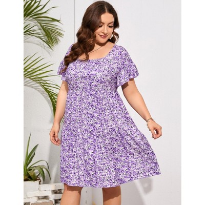 Clearlove Plus Size Dress Women's Plus Size Floral V-Neck Dress Short Sleeve Knee Length A-line Mini Dresses