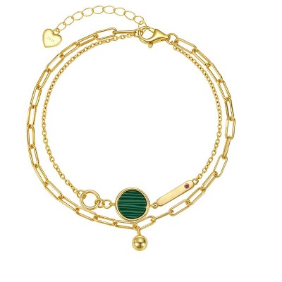 Molenia 925 Sterling Silver Malachite Bracelet, 14k Gold Plated Women Link Adjustable Double Chain Jewelry Birthday Christmas Gifts for Her Mom Wife