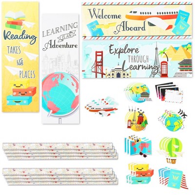 Bright Creations 42 Pack Travel Themed Bulletin Board Banner Borders and Cutout Decorations for Classroom
