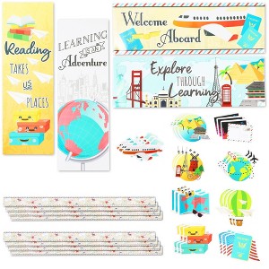 Bright Creations 42 Pack Travel Themed Bulletin Board Banner Borders and Cutout Decorations for Classroom - 1 of 4