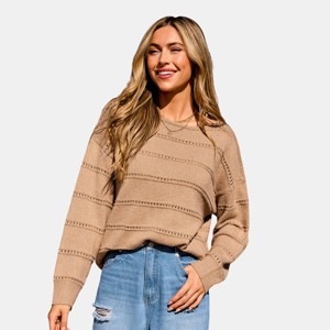 Women's Brown Boatneck Long Sleeve Sweater Top - Cupshe - 1 of 4