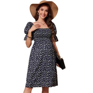 Women's Maternity Dress Square Neck Smocked Waist Puff Sleeve Floral Print Casual Midi Dress - 1 of 4