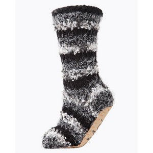 Memoi Women's Chunky Striped Knit Plush Lined Slipper Socks Black 9-11 - 1 of 3