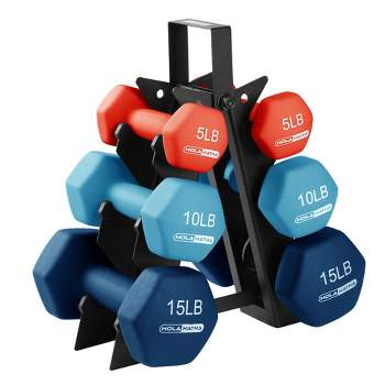 HolaHatha 5, 10, and 15 Pound Neoprene Coated Grip Hexagon Dumbbell Weight Set with Storage Rack Stand for Various Strength Training Workouts
