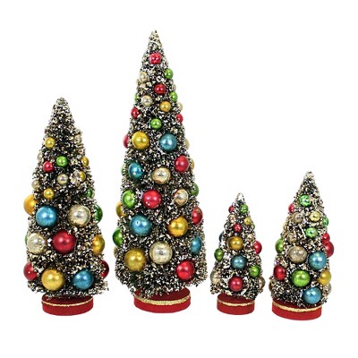 Multicolor Glass Ball Decorated Bottle Brush Christmas Trees with Wooden Base, Set of 4