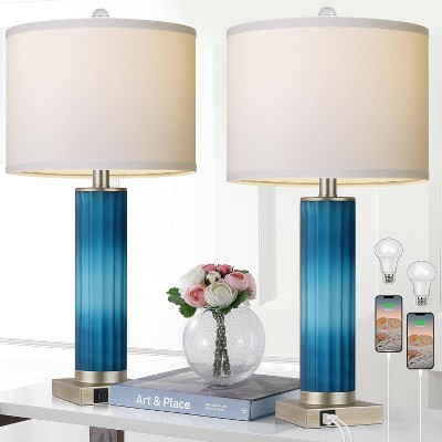ROTTOGOON 26.5" Set of 2 Table Lamps, Blue Glass, Bedroom Nightstand Lamp with USB-C & USB-A Charging Ports, Modern Art Deco, LED Bulb Included