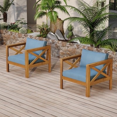 Set of 2 Outdoor Acacia Wood Club Chairs, Patio Armchairs with Cushions and Teak Finish for Porch, Deck or Garden – Cuddlewood