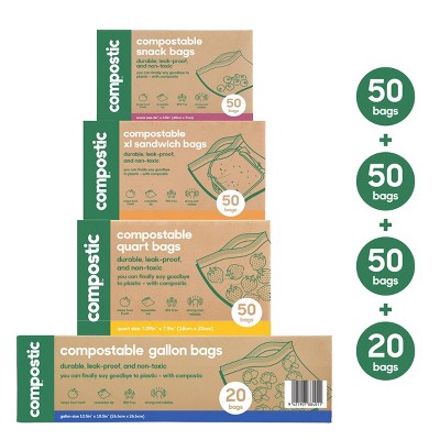 Compostic 100% Compostable 50ct Each Sandwich Bags + 50ct Each Snack Bags + 20ct Each Gallon Bags + 50ct Each Quart Bags
