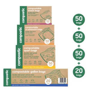 Compostic 100% Compostable 50ct Each Sandwich Bags + 50ct Each Snack Bags + 20ct Each Gallon Bags + 50ct Each Quart Bags - 1 of 4