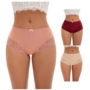 INSPIRE CHIC 3 Packs Women's Lace Trim High Waist Briefs Full-Coverage Lace Back Underwear Panties - 1 of 4