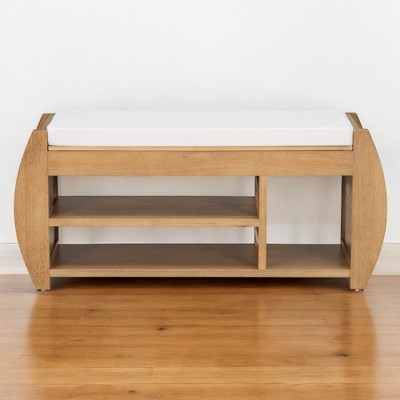 Alilang 42.00 inch Modern Wooden Storage Bench with Upholstered Cushion and Open Shelving-Brown