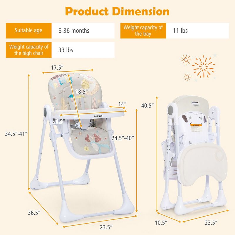 Costway Baby High Chair Folding Feeding Chair W/ Multiple Recline & Height Positions, 3 of 11