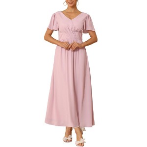 INSPIRE CHIC Women's Short Ruffle Sleeve Chiffon V Neck Pleated A-Line Maxi Dresses - 1 of 4