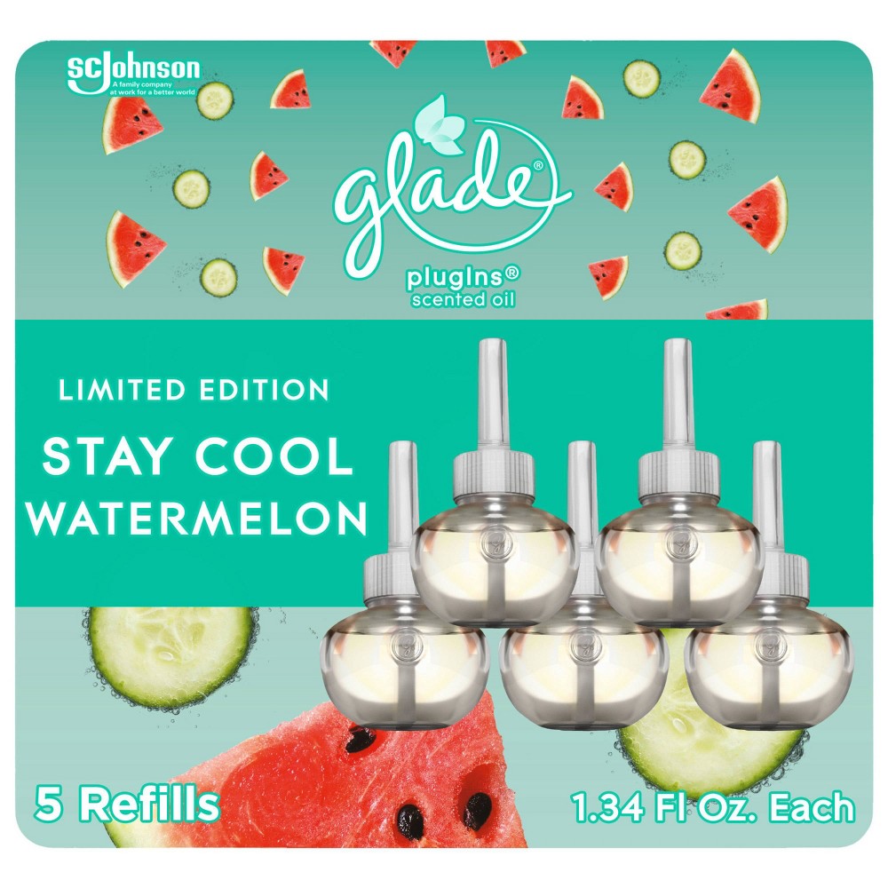 Glade PlugIns Scented Oil Refill  Stay Cool Watermelon Scent  Infused with Essential Oils  Spring Limited Edition Fragrance  Positive Vibes Collection  0.67 oz  5 Count