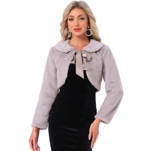 INSPIRE CHIC Women's Evening Bow Tie Front Turndown Collar Faux Fur Fluffy Cropped Coat - 1 of 4