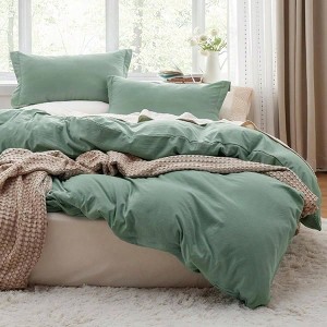 Sage Green Queen Duvet Cover Set, 3 Pieces, Prewashed Cotton - Like, 90x90 Inch with Zipper, 2 Pillow Shams - 1 of 4