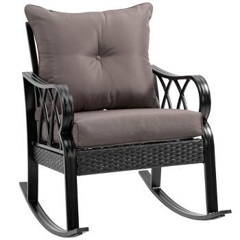 Outsunny Outdoor Wicker Rocking Chair with Padded Cushions, Aluminum Furniture Rattan Porch Rocker Chair w/ Armrest for Garden, Patio, and Backyard