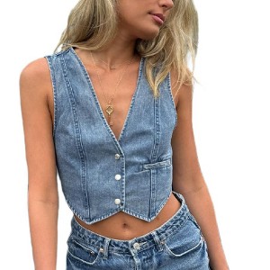 Jean Vests for Women Crop Denim Top Button Down Waistcoat Vest Tank Tops Fashion Casual Sleeveless Jacket - 1 of 4