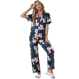 cheibear Women's Printed Short Sleeve Button Down Sleepwear with Pants Pajama Set - 1 of 4