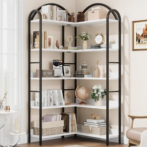 Corner Bookshelf, L Shaped Bookshelf Arched 5 Tier Corner Shelf with Metal Frame for Living Room Bedroom - 1 of 4