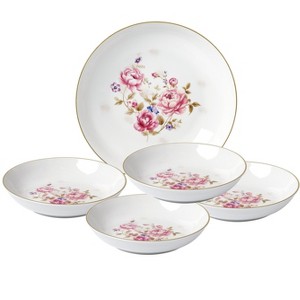 Lorren Home Trends 5 Piece Porcelain Pasta Set, 1 Serving Bowl and 4 Individual Bowls,  Floral Design - 1 of 4
