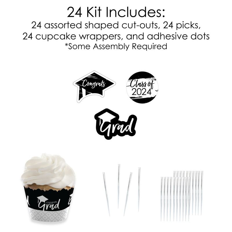 Big Dot of Happiness 2024 Black and White Graduation Cupcake Decoration - Party Cupcake Wrappers and Treat Picks Kit - Set of 24, 5 of 8