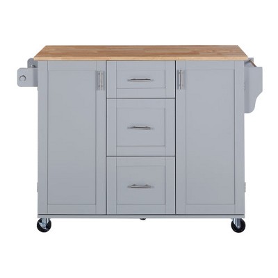 LunaLulinlk Rolling Kitchen Island with Storage, Kitchen Cart with Rubber Wood Top, 3 Drawer, 2 Slide-Out Shelf and Internal Storage Rack