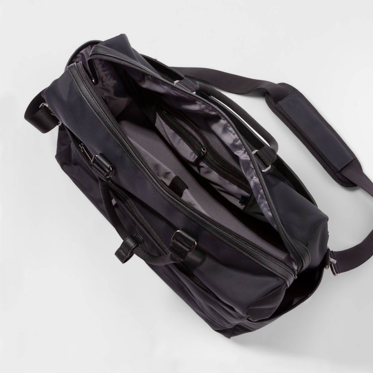 Black colored duffel bag with multiple compartments and a shoulder strap, shown open on a white background.
