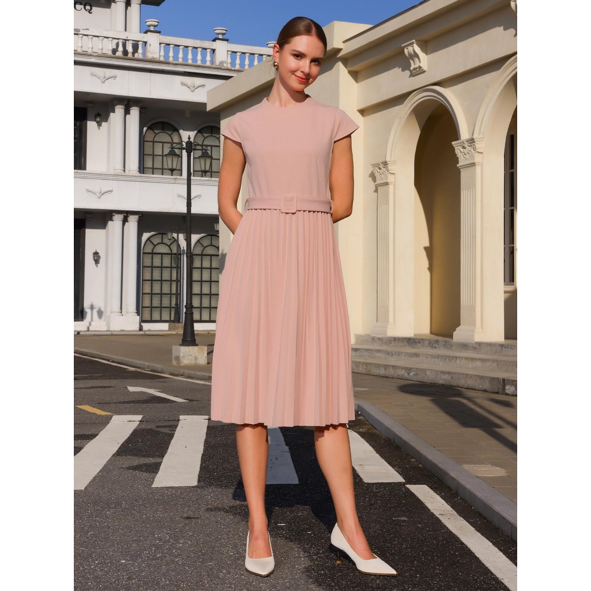 Женские платья INSPIRE CHIC Women's Mock Neck Cap Sleeve Belted A-Line Midi Pleated Dresses X-Large Pink — фото 2