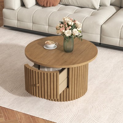 HDZNVF Round Coffee Table for Living Room in Natural, Farmhouse Coffee Table with a Drawer