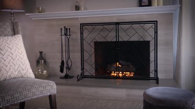 Black Wrought Iron Geometric Fireplace Screen with Magnetic Doors