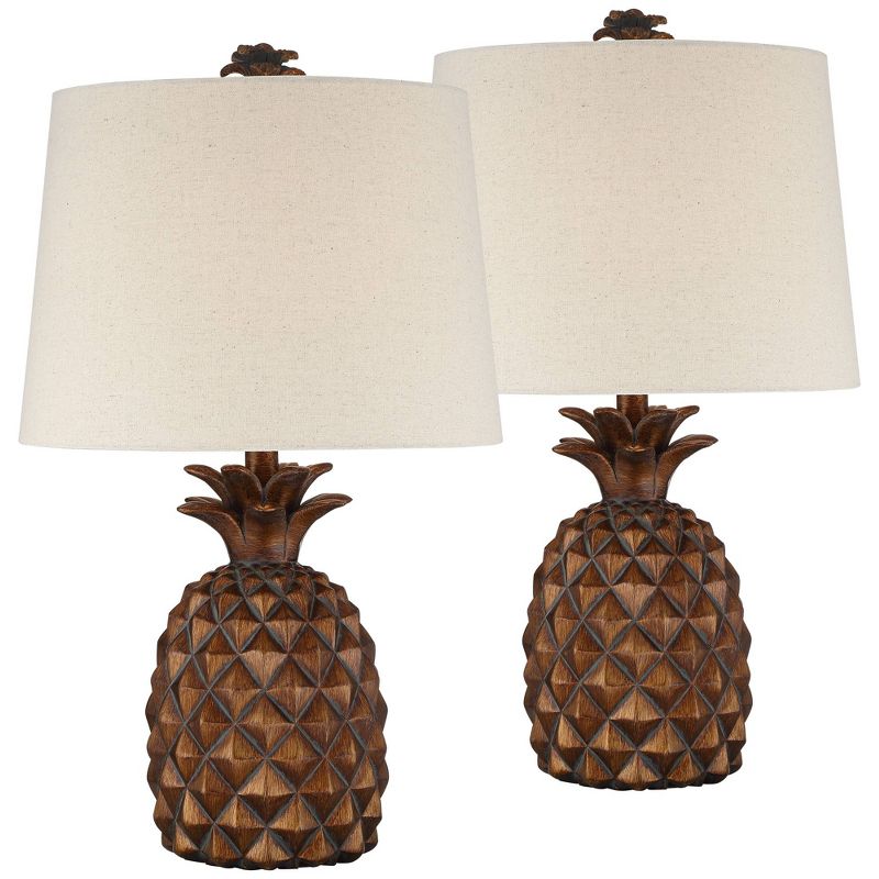 Regency Hill Paget 23 3/4" High Pineapple Small Coastal Tropical Accent Table Lamps Set of 2 Brown Living Room Bedroom Bedside Oatmeal Shade, 1 of 9